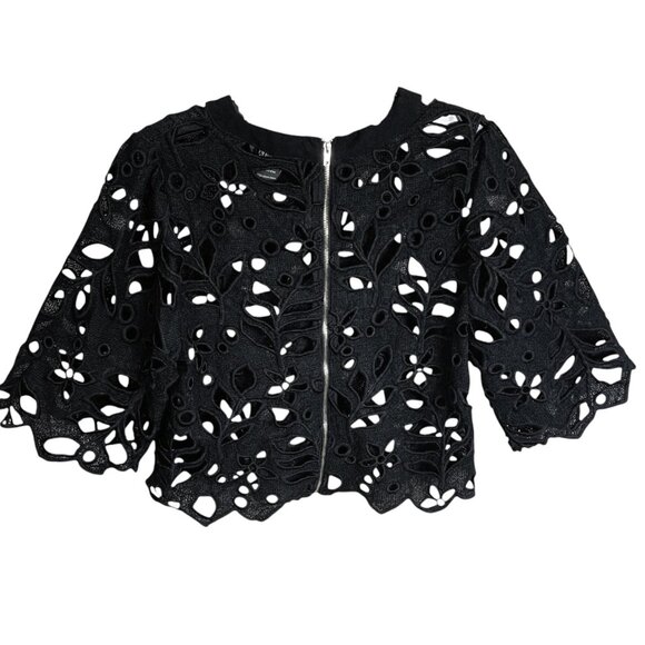 Gracia Black Lace Floral Cutout 3/4 Sleeve‎ Zip Crop Top - Picture 8 of 9